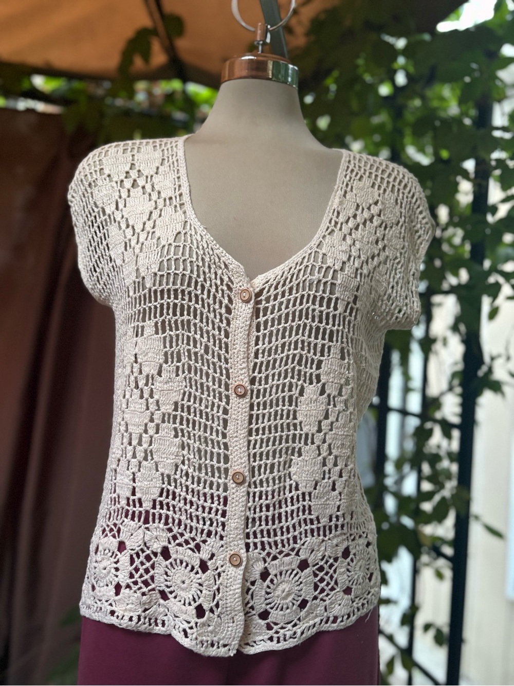 Handcrafted Cream Crochet Button-Front Blouse
